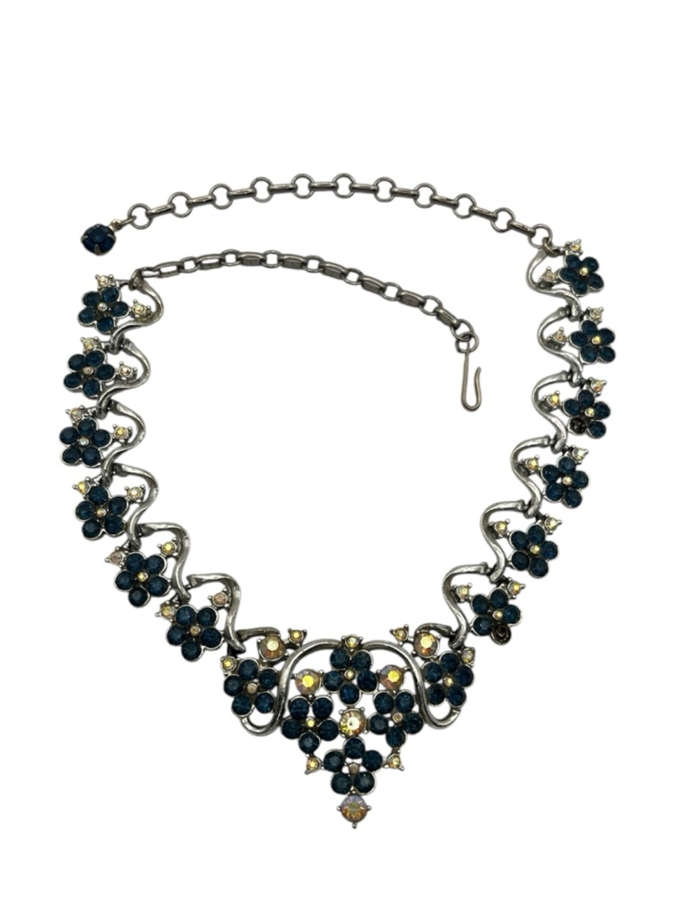 Blue & clear rhinestone flower cluster silver tone vintage necklace